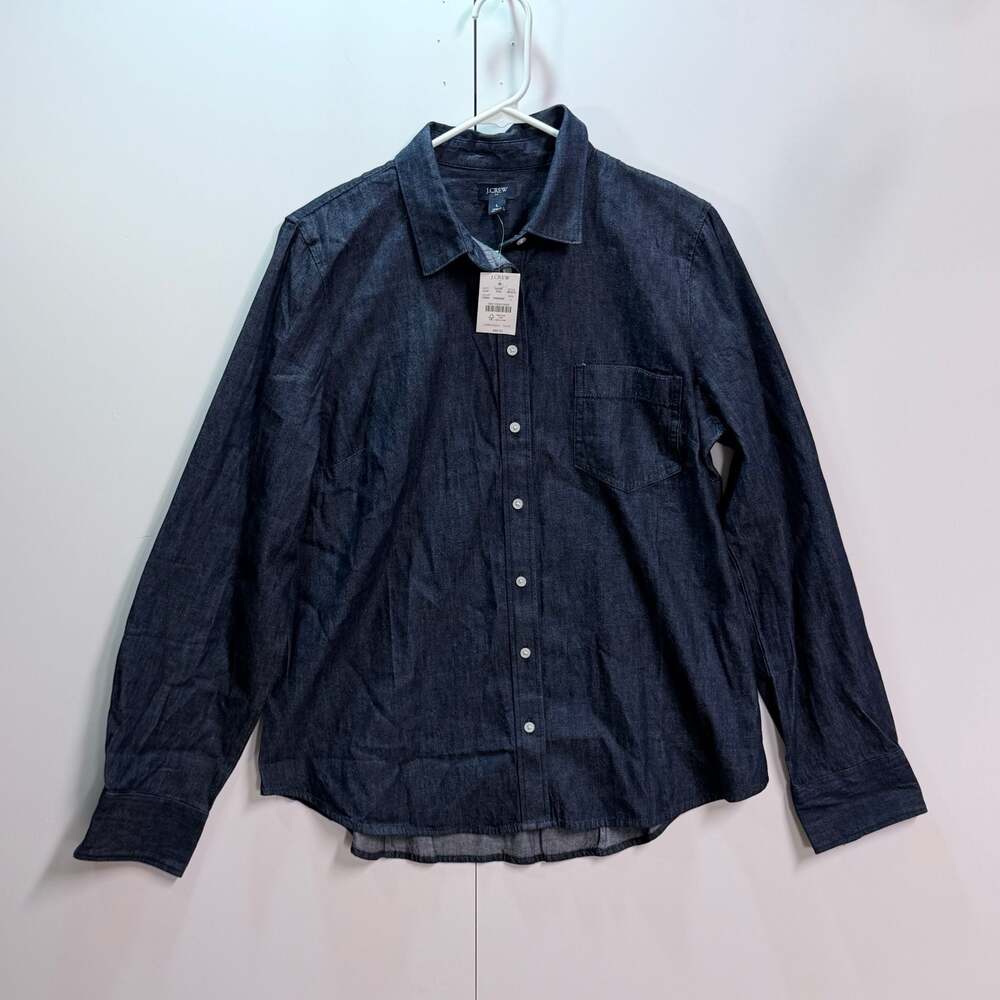 J.Crew Women's Size L Dark Wash Denim Chambray Long Sleeve Button-Up Shirt